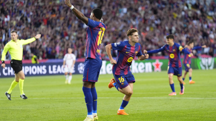 Fermín celebra el primer gol del Barcelona ante el Olympiacos