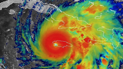October 28, 2025, Caribbean Sea, Jamaica: The NOAA NESDIS GOES-19 satellite image showing Hurricane Melissa, a category 5 storm making landfall on the island of Jamaica at 1010 GMT, October 28, 2025 in the Caribbean Sea. Melissa is packing winds of 175-mph and will be the strongest storm to ever hit Jamaica. (Credit Image: © NOAA/ZUMA Press Wire)