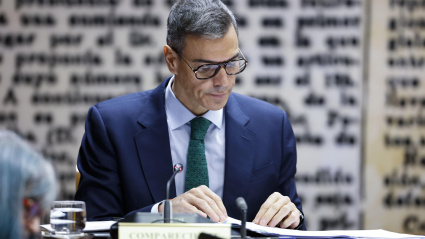 El presidente del Gobierno, Pedro Sánchez, durante su comparecencia ante la comisión de investigación del caso Koldo