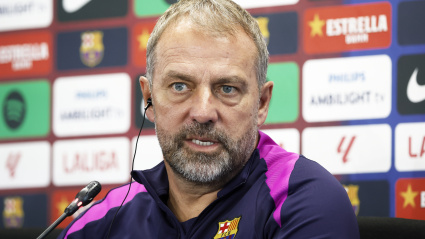 Hansi Flick, en la rueda de prensa de este sábado en la que habló de Pedri y Lamine Yamal.