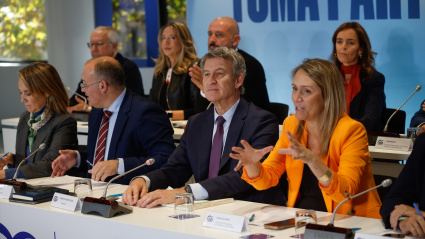 La vicesecretaria de regeneración institucional del Partido Popular, Cuca Gamarra, el secretario general del PP, Miguel Tellado; el presidente del Partido Popular, Alberto Núñez Feijóo, y la  vicesecretaria de Coordinación Sectorial del PP, Alma Ezcurra, durante el Comité Ejecutivo Nacional del partido, en la sede nacional del PP