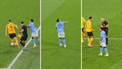 Momento en el que Savinho agrede al linier y le sancionan con una amarilla