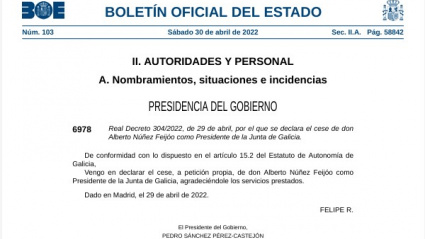 Publicación en el BOE del cese de Alberto Núñez Feijóo al frente de la Xunta