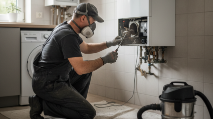 Un deshollinador haciendo una limpieza a una caldera de gas