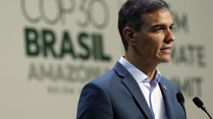El presidente del Gobierno español, Pedro Sánchez, pronuncia un discurso durante la Conferencia de las Naciones Unidas sobre el Cambio Climático COP30 en Belém.