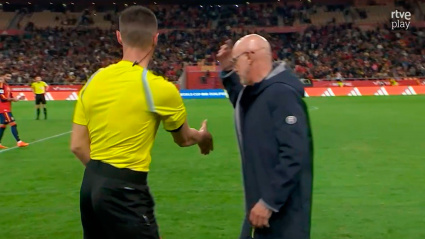 Momento captado por la señal de televisión en la que De la Fuente retira la mano a uno de los árbitros del España-Turquía