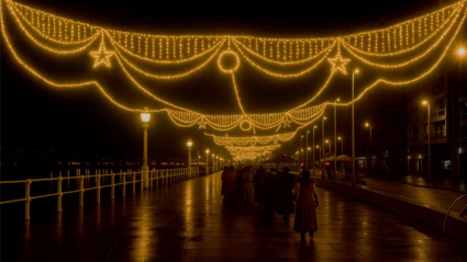 Recreación de la iluminación navideña de Gijón en el Muro de San Lorenzo