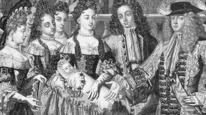 Este grabado del siglo XVIII representa a Felipe V de España con su hijo recién nacido, acompañados por María Antonia de Salcedo, la nodriza real.