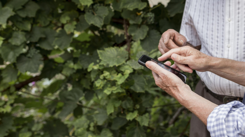 Dos personas sostienen un teléfono móvil en una zona rural sin cobertura