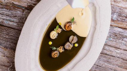 El impecable plato Cañaillas en sopa fría moruna, del restaurante con tres Estrellas MICHELIN Aponiente, en El Puerto de Santa María.