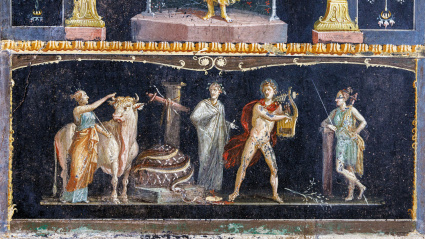 Fresco que ilustra la historia de la mitología griega de Apolo y Diana tras la muerte de Pitón.