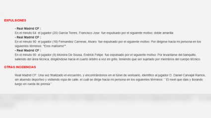 Acta de Quintero González tras el Real Madrid - Celta