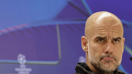 El entrenador del Manchester City, el español Pep Guardiola, durante la rueda de prensa ofrecida este martes en el estadio Santiago Bernabéu, en Madrid, en la víspera del partido de Liga de Campeones ante el Real Madrid