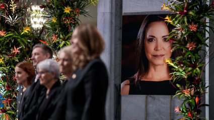 Una imagen de la Premio Nobel de la Paz, María Corina Machado, en el Ayuntamiento de Oslo durante la ceremonia de entrega del Premio Nobel de la Paz.