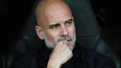 El entrenador del Manchester City, Pep Guardiola, fotografiado durante el partido de fútbol de la UEFA Champions League entre el Real Madrid y el Manchester City en el Estadio Bernabéu.
