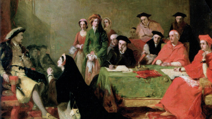 Pintura de Henry Nelson retratando a Catalina de Aragón defendiendo su causa contra el divorcio que quería Enrique VIII