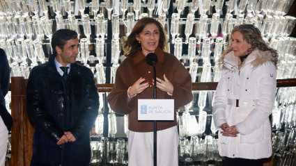 La titular de Medio Ambiente ante el árbol con el alcalde y la delegada de la Xunta