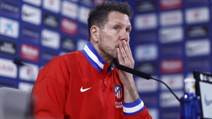 Diego Pablo Simeone en la rueda de prensa de esta sábado en la Ciudad Deportiva rojiblanca.
