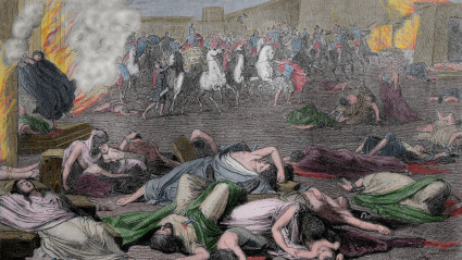 Guerras Celtíberas. Asedio de Numancia, ciudad celtíbera. Siglo II a. C. Grabado. Color. Hispania (España).