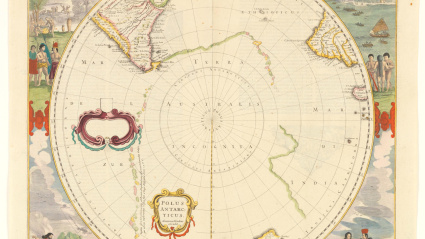 Este mapa, titulado *Polus Antarcticus Terra Australis Incognita*, fue creado por Henricus Hondius. Representa la cartografía europea temprana de la Antártida y las tierras australes inexploradas, elaborada durante la Era de la Exploración en el siglo XVII.