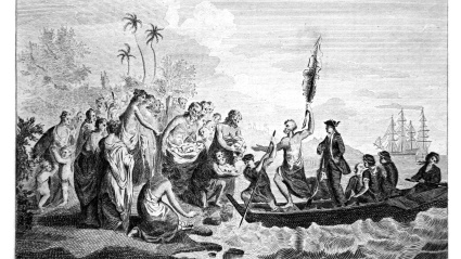 Grabado del primer desembarco del capitán James Cook en Middleburgh (isla Eua), Tonga, siendo recibido por los lugareños, de un grabado de 1787 para The Lady's Maga.