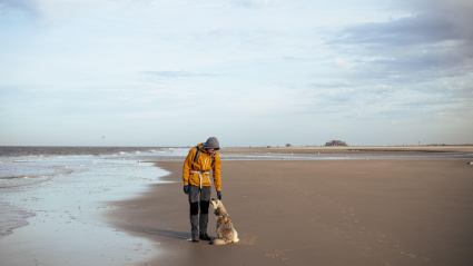 Un hombre pasea por su perro por la playa