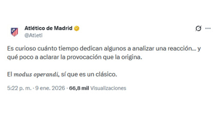 Tweet del Atlético de Madrid por lo sucedido entre el Cholo y Vinícius