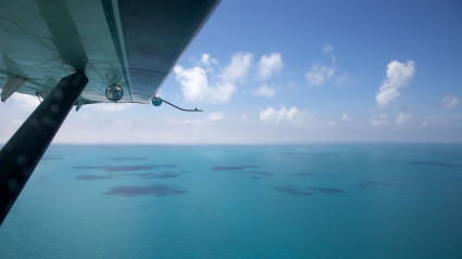 Volando sobre aguas abiertas del Golfo de México cerca de los Cayos de Florida, EE. UU.