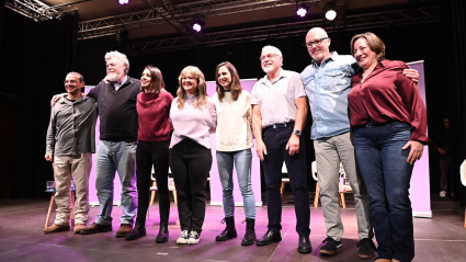 Irene Montero e Ione Belarra acompañadas de la candidata de Podemos-Alianza Verde, María Goicoechea.