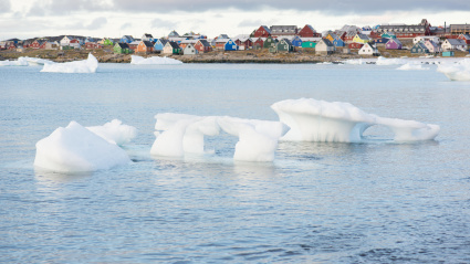 Qeqertarsuaq en Groenlandia visto desde el agua con hermosos icebergs