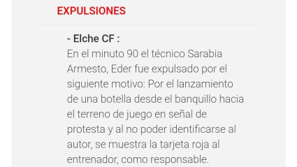 Acta del Betis-Elche en el que se recoge la expulsión de Eder Sarabia.