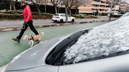 Un hombre pasea a un perro durante la borrasca