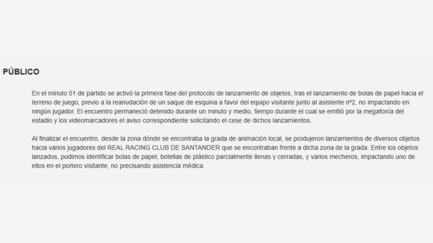 Párrafos del acta arbitral referente al público asistente al Deportivo-Racing en Riazor