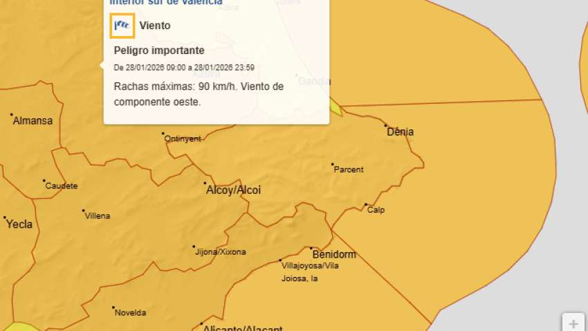 Alerta naranja por fuertes vientos y riesgos costeros en la Marina Alta