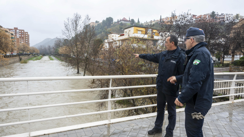 Varias personas observan el cauce del río Genil, a su paso por Granada