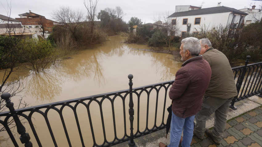 Vecinos de la barriada de Alcolea observan la subida del río que adentrado en sus calles y han tenido que ser desalojados