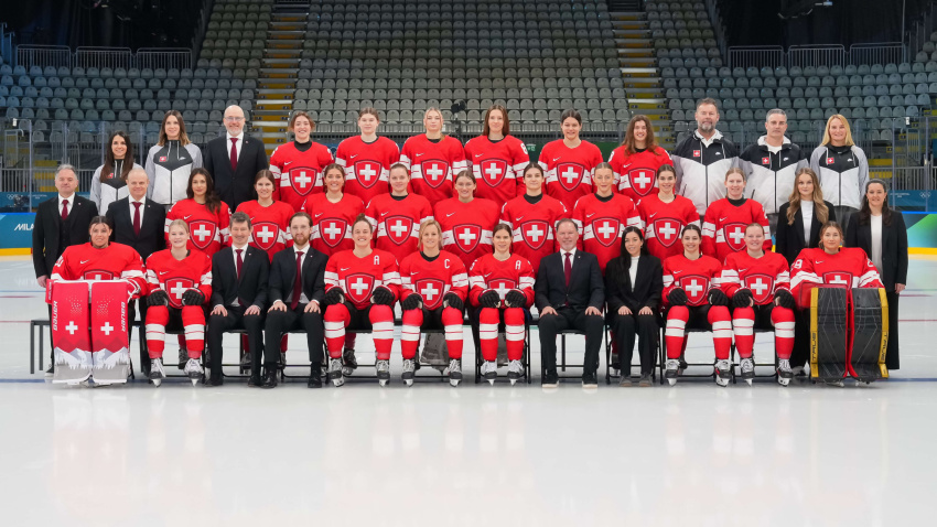 El equipo femenino de hockey hielo de Suiza que participa en los Juegos Olímpicos.