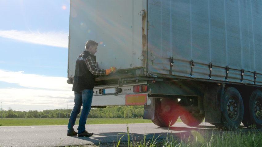 Un camionero cierra las puertas de su remolque de carga estacionado. Conductor profesional con guantes resistentes.