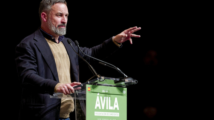 El presidente de Vox, Santiago Abascal, durante un acto del partido hoy en Ávila