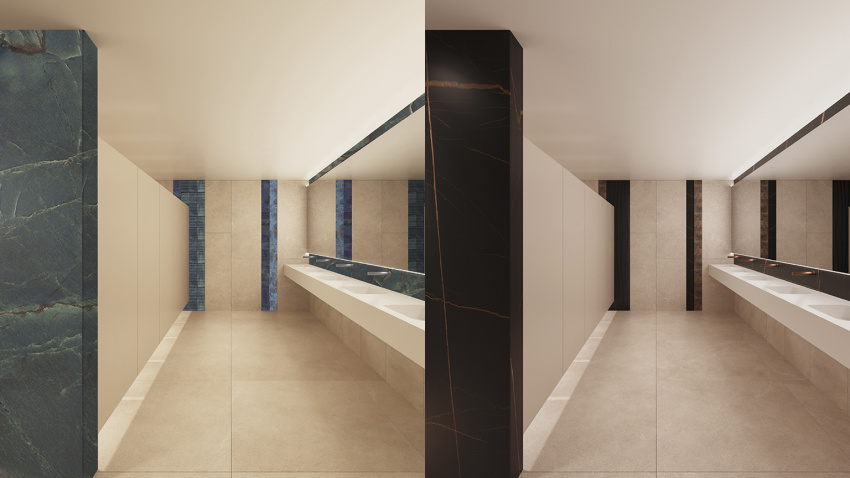 Renders del proyecto de renovación de los aseos. Diseño: Dobleese Estudio Valencia.