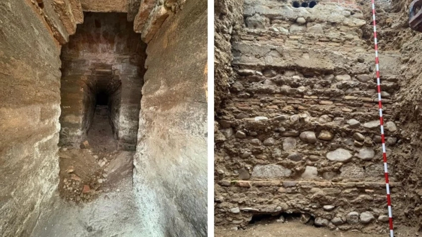 Restos aparecidos durante las obras en la plaza de San Miguel de Zaragoza.
