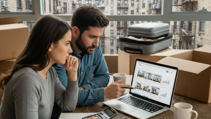 Una pareja hace cuentas en su casa de alquiler mirando en internet pisos para comprar