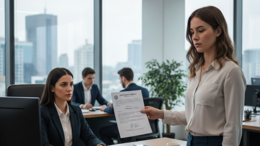 Una joven entrega un papel firmado por el médico en su empresa para justificar una baja laboral