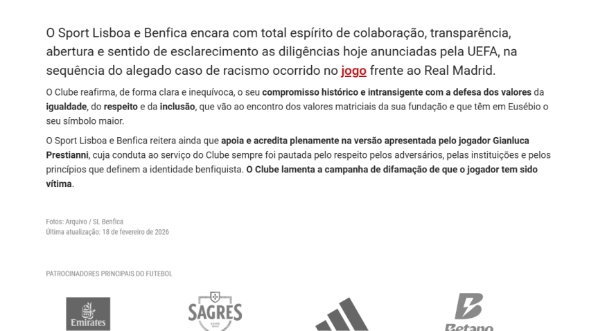 El Benfica muestra su apoyo a su futbolista y asegura que no hubo insultos racistas.