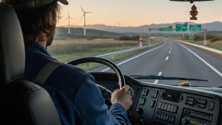 Un camionero mientras conduce su camión que hace una ruta internacional