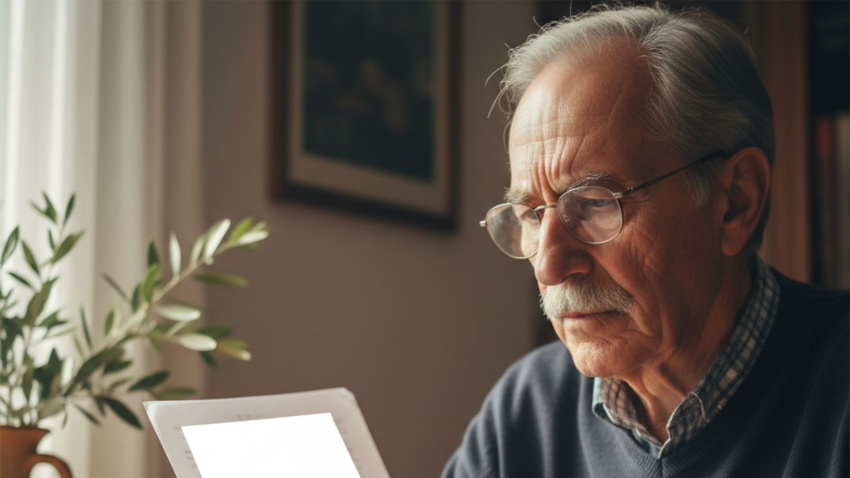 Un jubilado mira un papel en el que está su nómina donde viene su pensión de jubilación