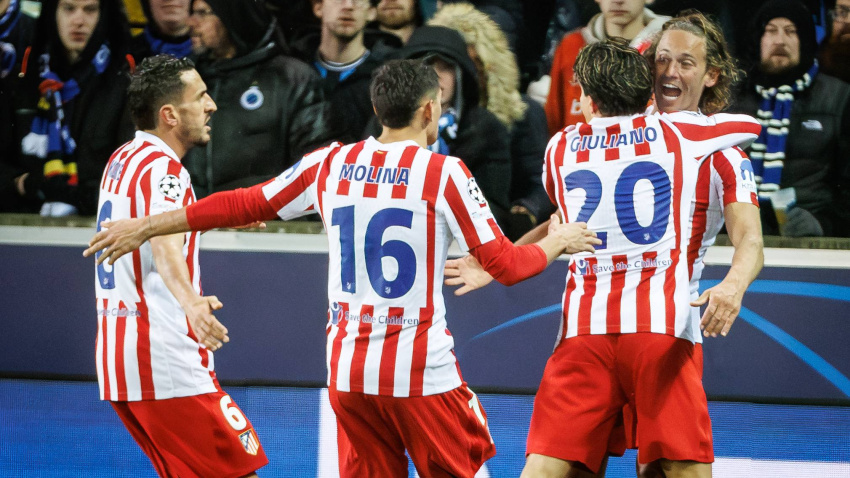 Los jugadores del Atlético celebran el 2-3 contra el Brujas