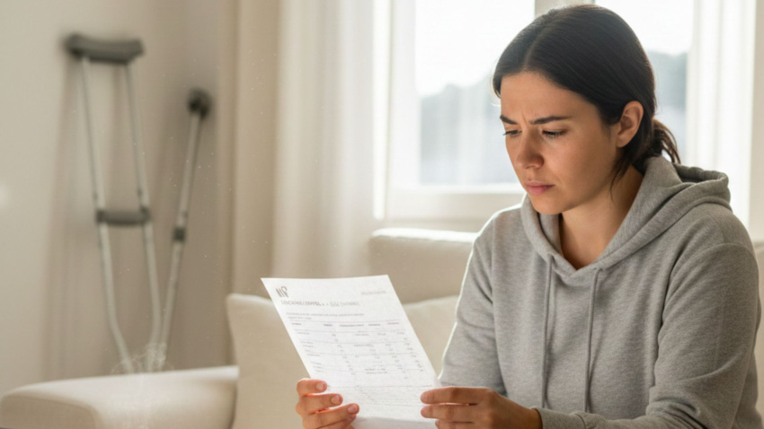 Una persona está de baja laboral en su casa mientras revisa un papel en el que viene indicada su nómina de la empresa