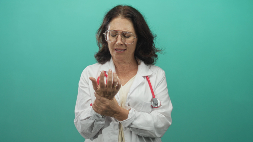 Doctora con bata blanca y estetoscopio rojo agarrándose la muñeca con un dolor visible en el estudio; resiliencia del cuidado del dolor