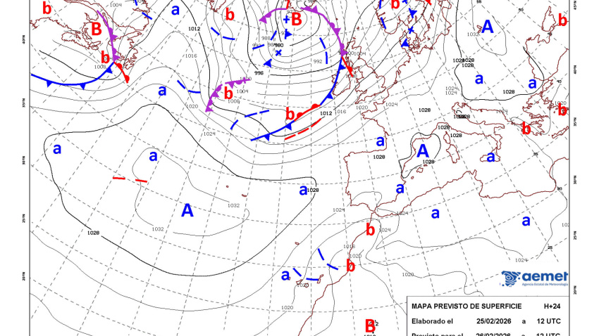 Mapa de isobaras elaborado por la Aemet el 25/02/2026 previsto para el 26/02/2026